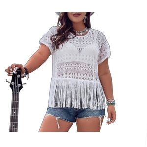 SHEIN CURVE - Plus Short Sleeve White Fringe Hem Lace Top - NWT